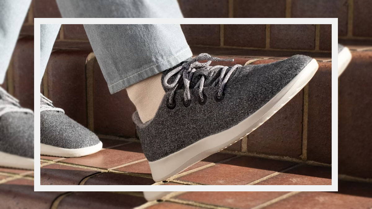 An overlayed image of a model walking in a pair of grey Allbirds Wool Runners
