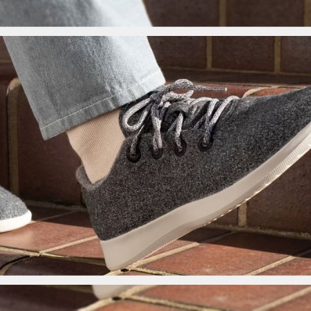An overlayed image of a model walking in a pair of grey Allbirds Wool Runners