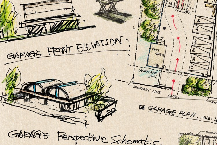 Three different intricate sketches of car garages oriented next to each other on a paper background.