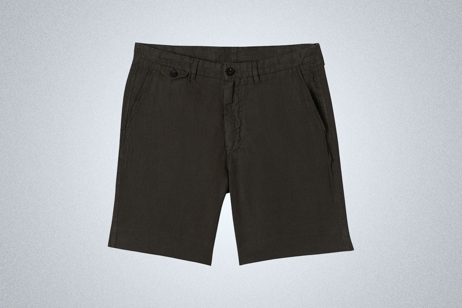 a pair of black linen shorts from Billy Reid on a grey background