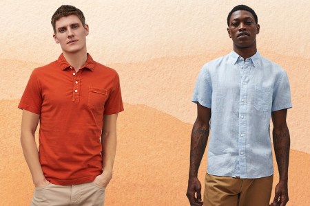two Billy Reid models on a textured orange, peach and white background