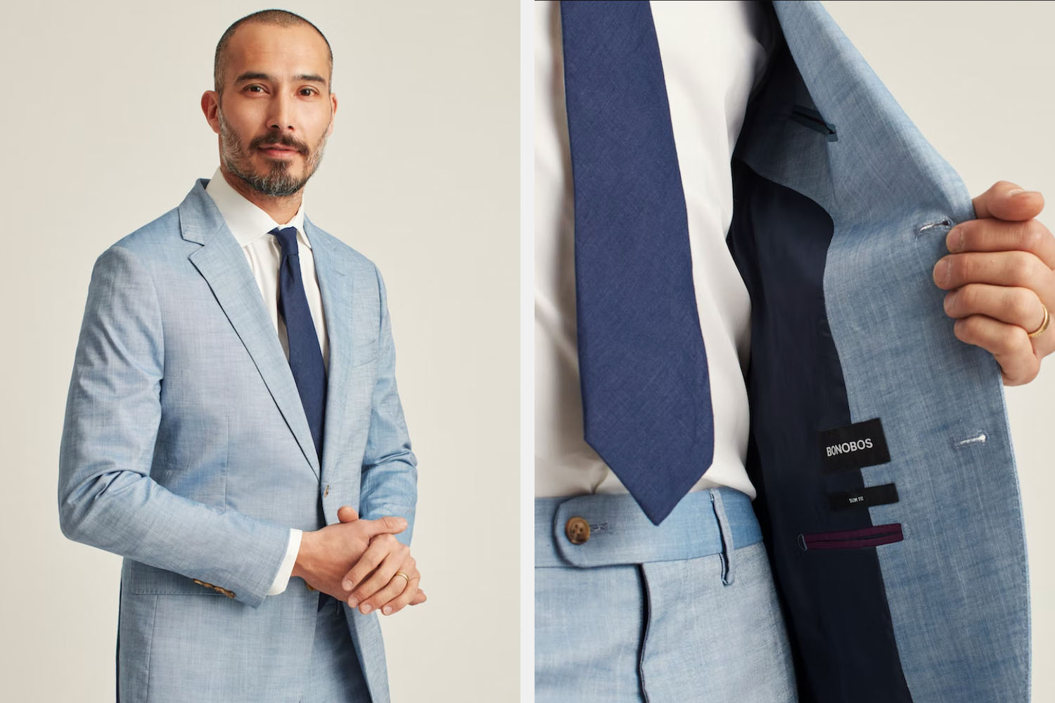 two model photographs on the Bonobos Chambray Suit on a white/tan background