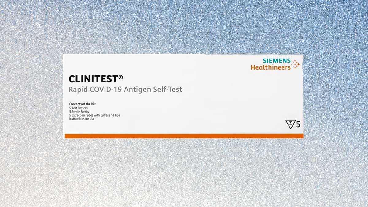 A COVID-19 rapid at-home test from Amazon on a blue background.