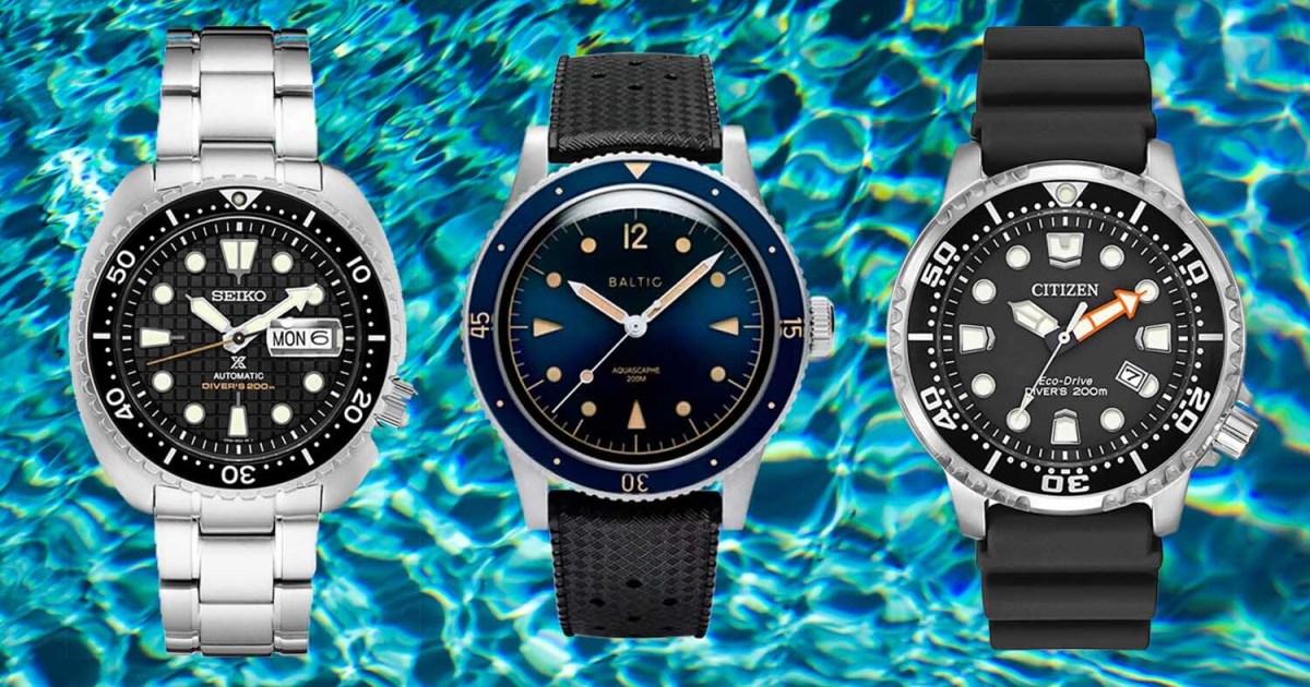 Seiko SRPE03 “King Turtle,” Baltic Aquascaphe and Citizen Promaster Diver, three dive watches under $1,000 on a blue water background