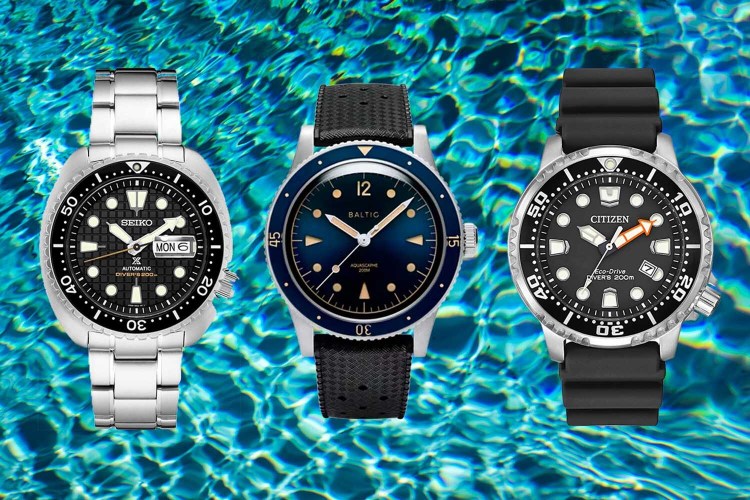 Seiko SRPE03 “King Turtle,” Baltic Aquascaphe and Citizen Promaster Diver, three dive watches under $1,000 on a blue water background