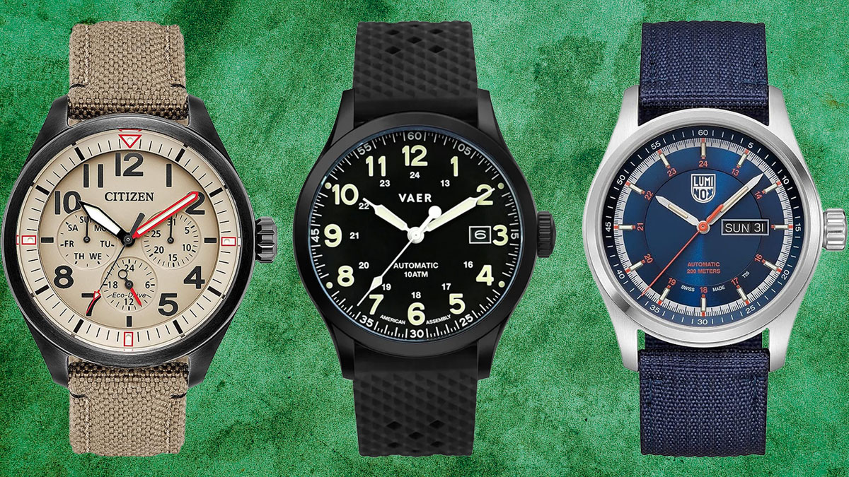 Three field watches on a green background.