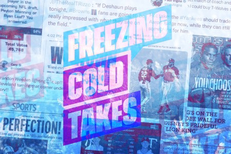 A logo for Freezing Cold Takes over a nunber of tweets from the sports Twitter site, which focuses on bad predictions