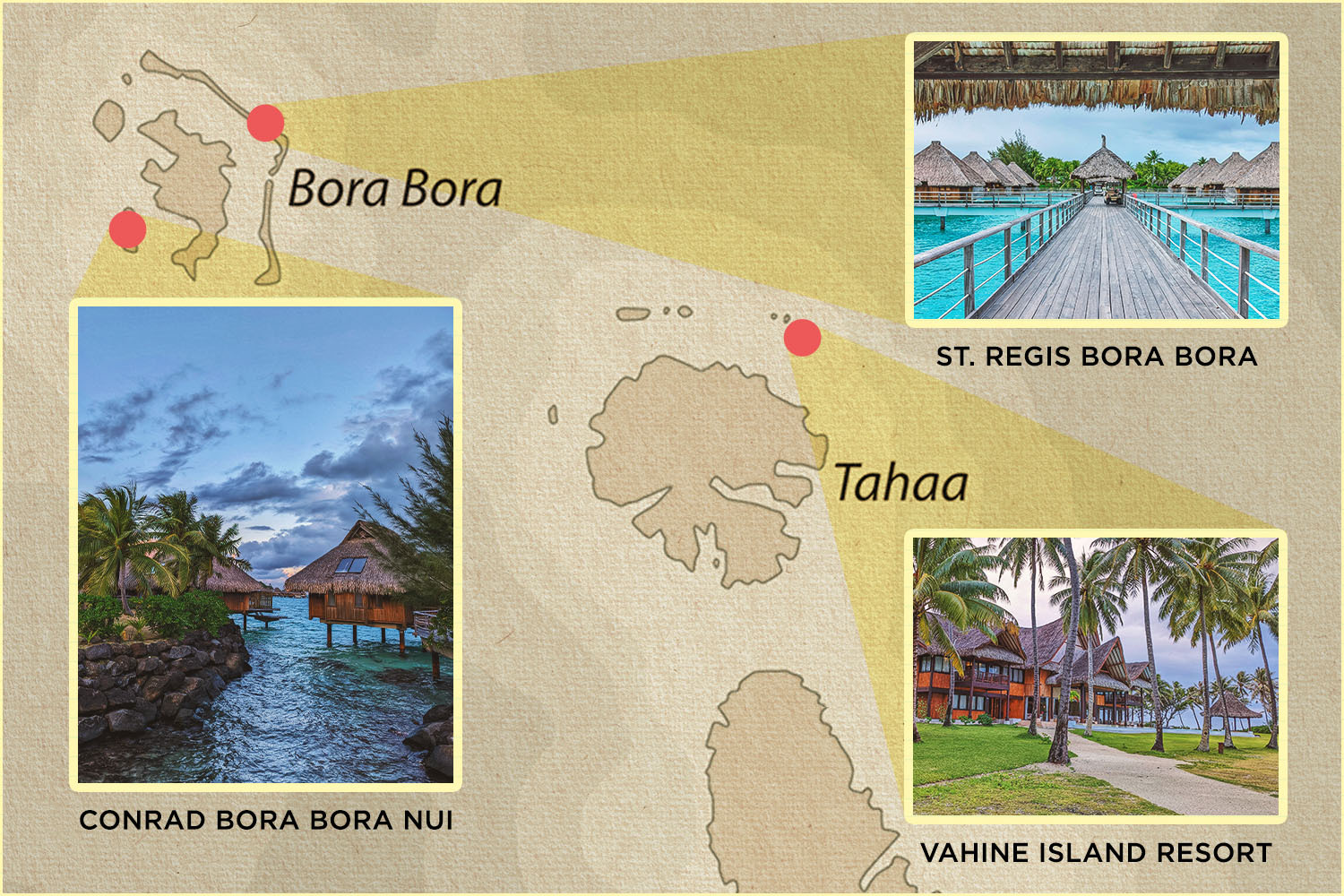 A map of the islands Bora Bora and Taha'a in French Polynesia near Tahiti with photos of resorts in the area