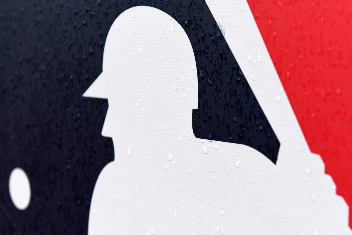 A closeup view of the Major League Baseball logo.