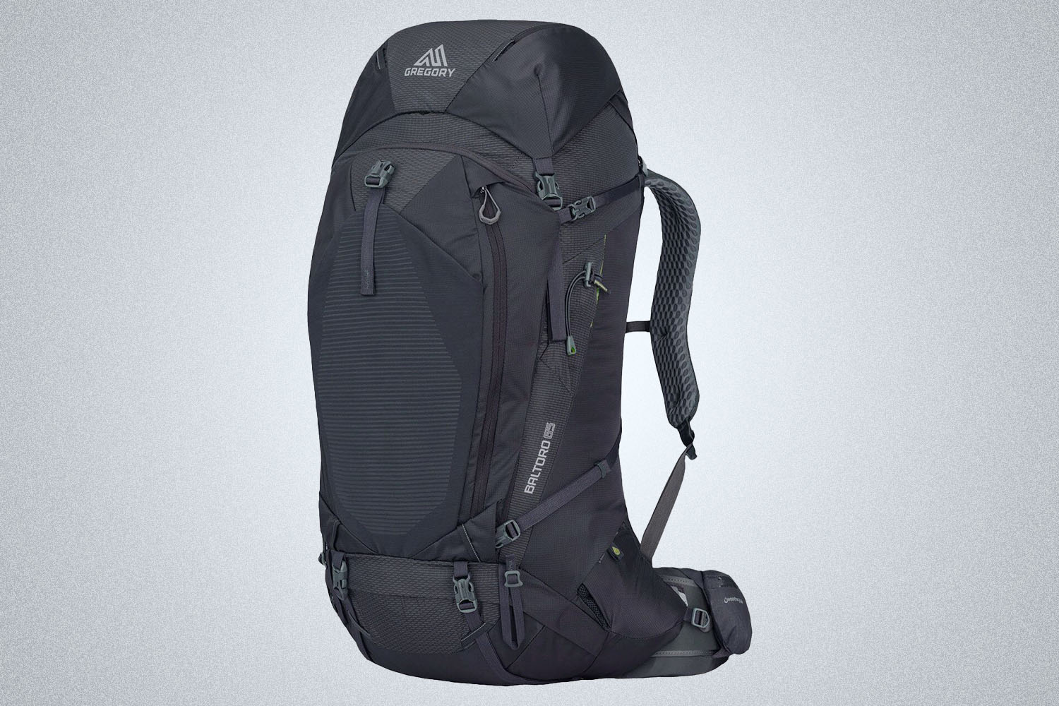 a black backpack from Gregory on a grey background