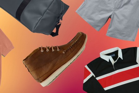 a collage of items from Huckberry on a orange-red-yellow gradient background