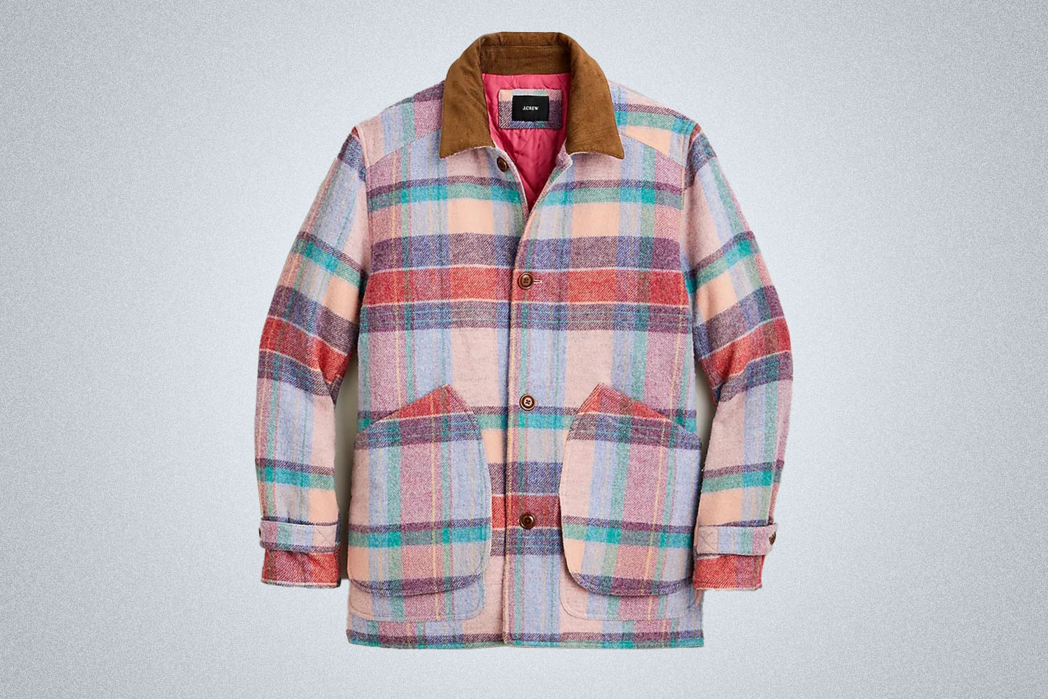 a patterned pink, brown and blue wool barn coat with corduroy collar from J.Crew on a grey background