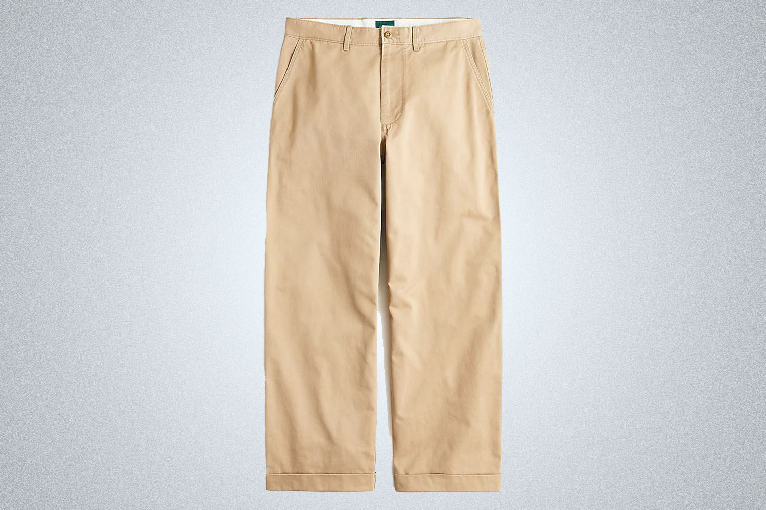 a pair of khaki "giant-fit" chinos  from J.Crew on a grey background 