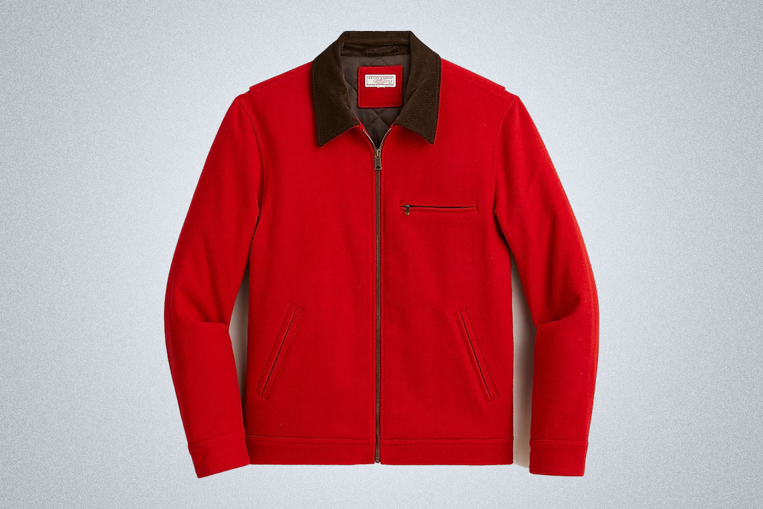a red wool jacket from J.Crew on a grey background