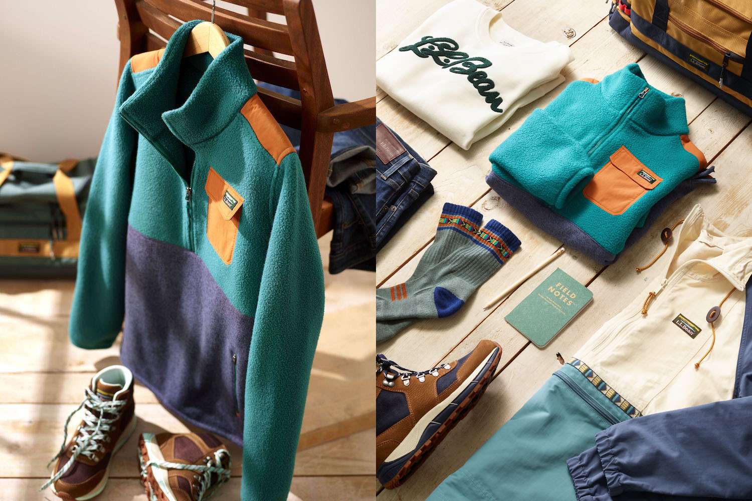 two model shots of the L.L. Bean Mountain Classic Collection featuring various fleece and gear