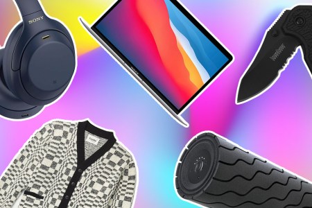 A collage of items that are on sale for Labor Day on a iridescent background