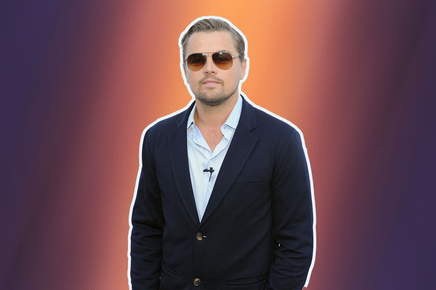 a photo of leo dicaprio on an orange and purple background