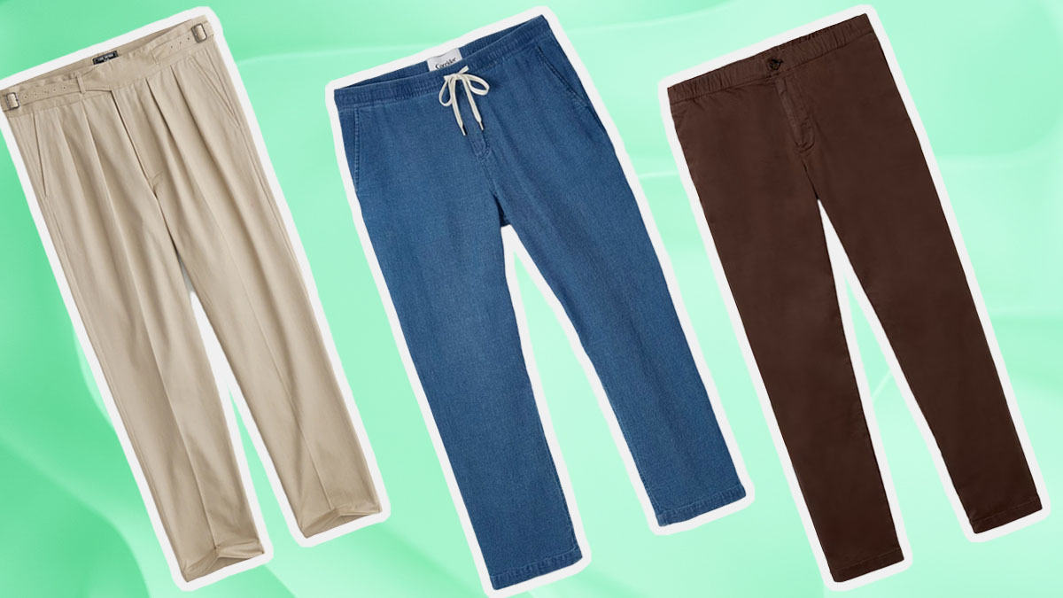 a collage of lightweight pants on a gradient green background