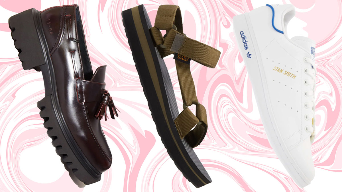 a collage of footwear from Nordstroms on a swirl marbled pink background