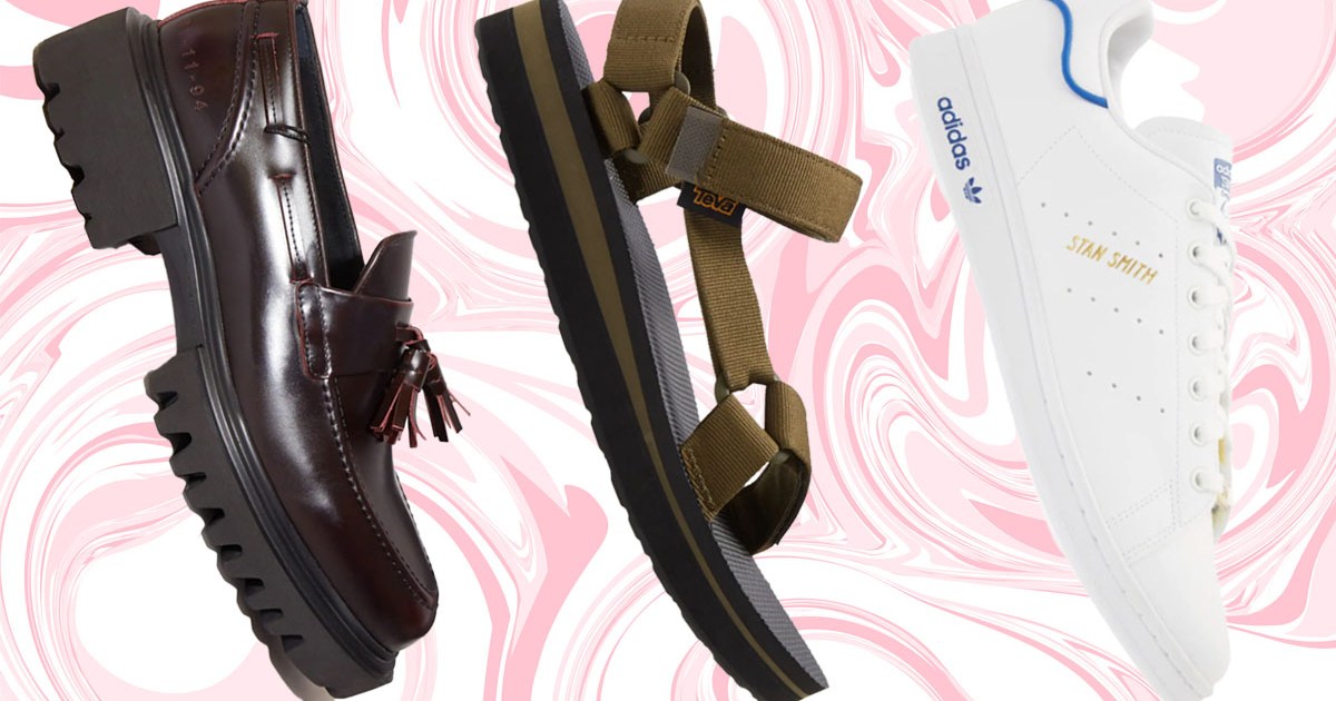 a collage of footwear from Nordstroms on a swirl marbled pink background