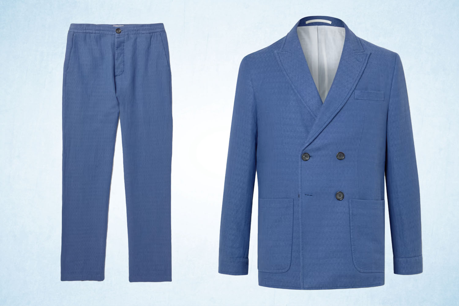 a light blue, double breasted linen suit from Oliver Spencer on a ice-blue background