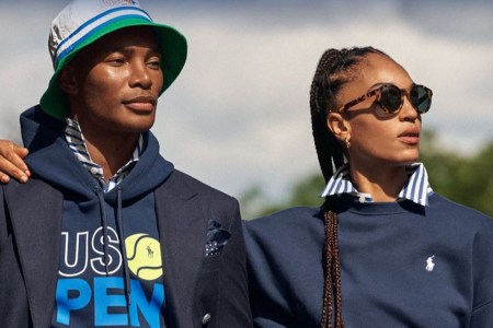 two models against the sky wearing the Polo Ralph Lauren x US Open 2022 Collection
