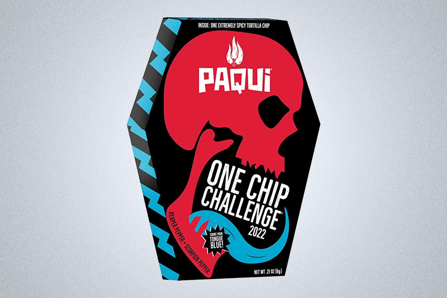 a chip box decorated with a skull from Paqui on a grey background