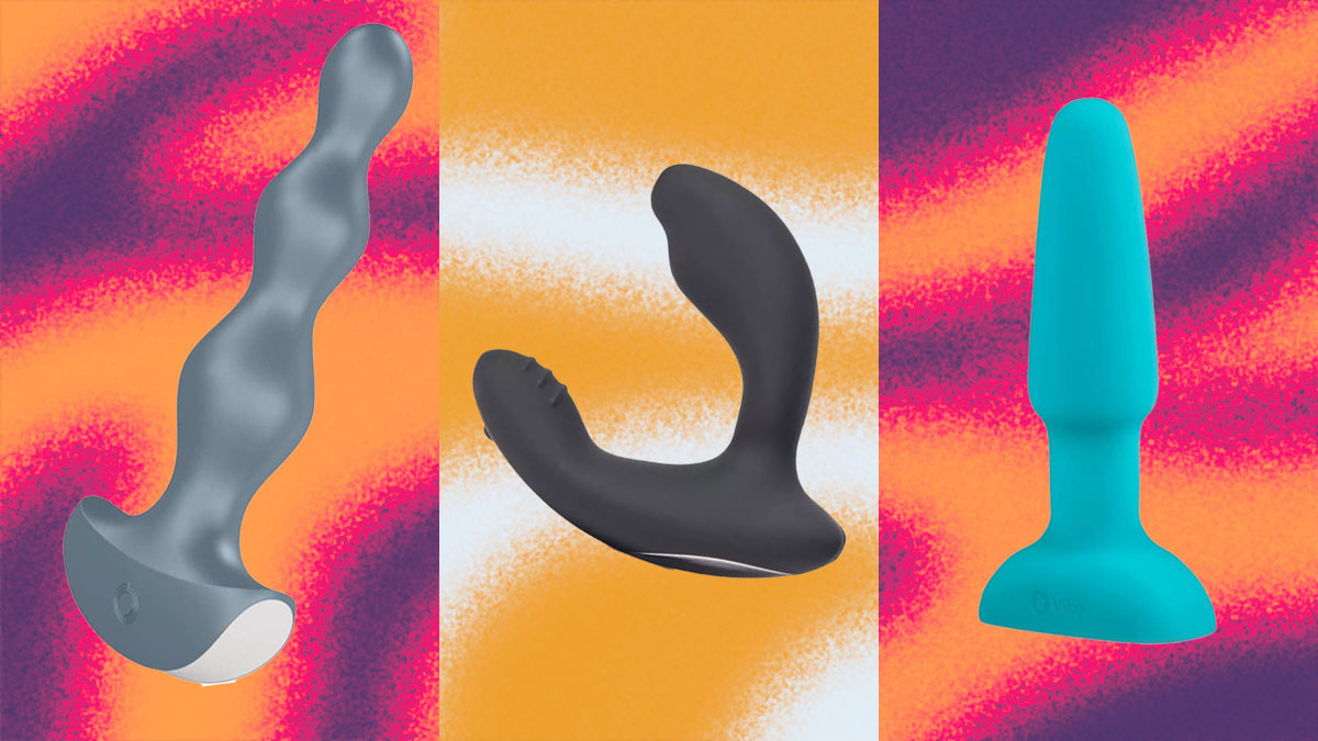 A collage of anal toys on a purple and orange background.