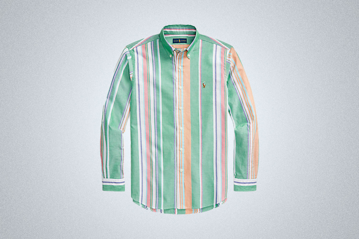 a white, yellow, pink and green striped shirt from Ralph Lauren on a grey background