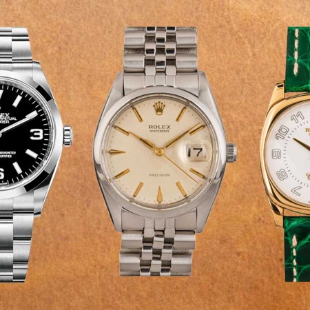 Three affordable Rolex watches on a faux-leather background