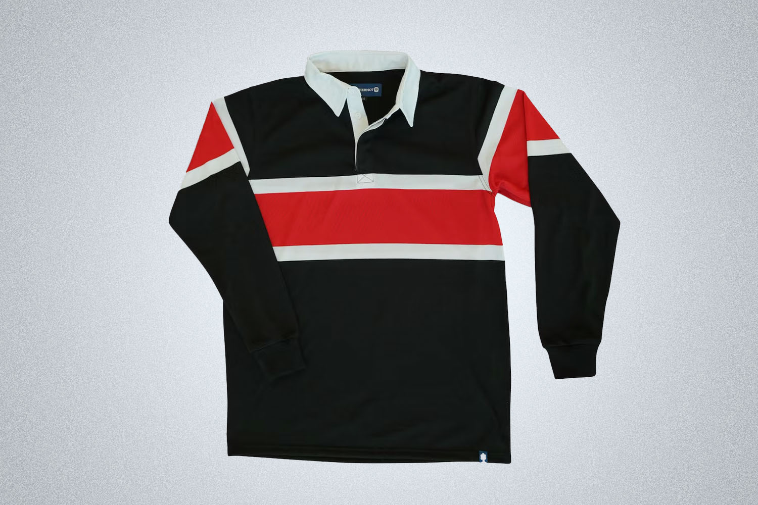 a black rugby shirt with white and red stripes from Withernot on a grey background