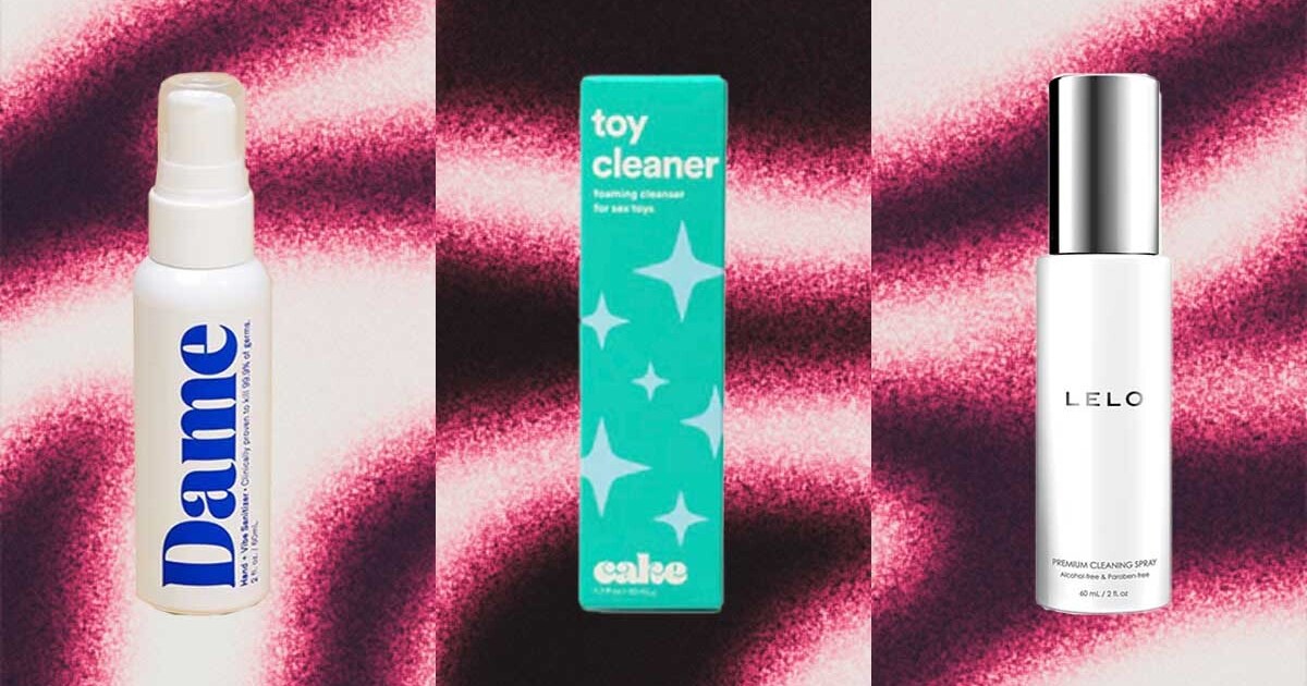 A collage of sex toy sprays and cleaners on a purple and white background