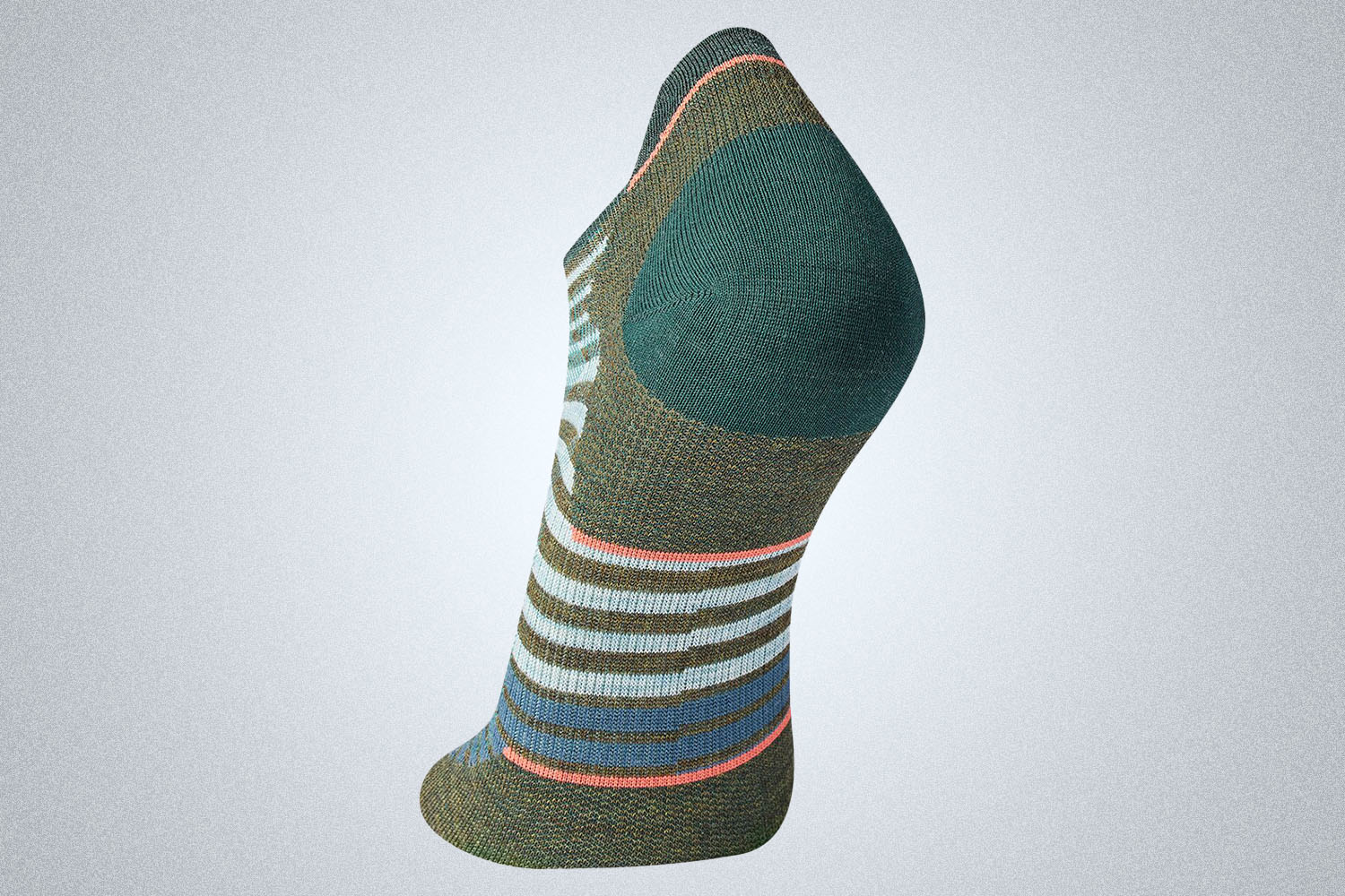 a pair of green, blue, white and orange runnning low cut socks from Smartwool on a grey background