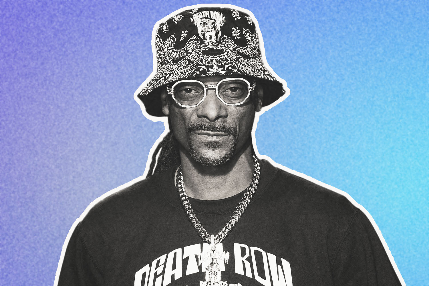 A black and white photo of rapper Snoop Dogg outlined in white on a purple and blue background