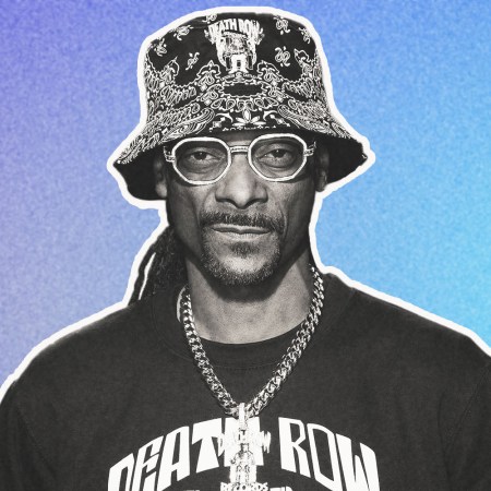 A black and white photo of rapper Snoop Dogg outlined in white on a purple and blue background