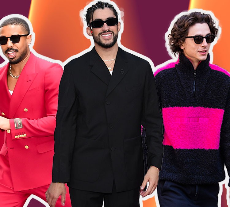 a photo of bad bunny, timothee chalamet and Michael jordan on an orange and purple background