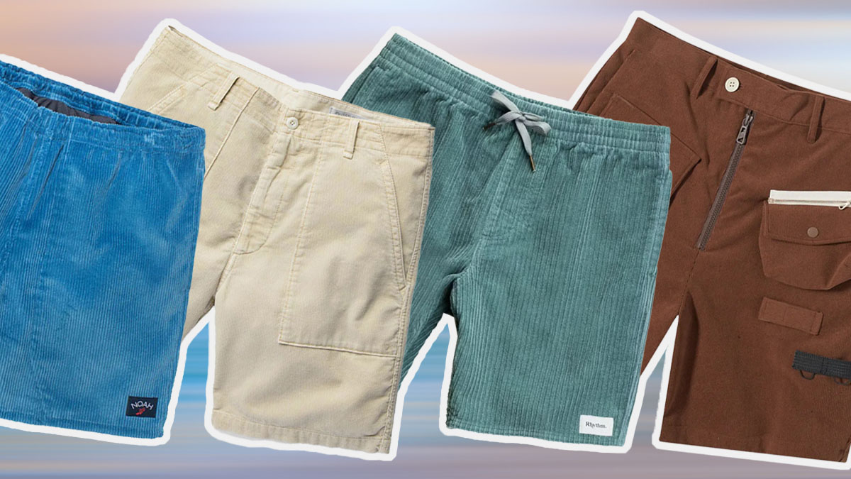 a collage of the best corduroy shorts for men on a surf background