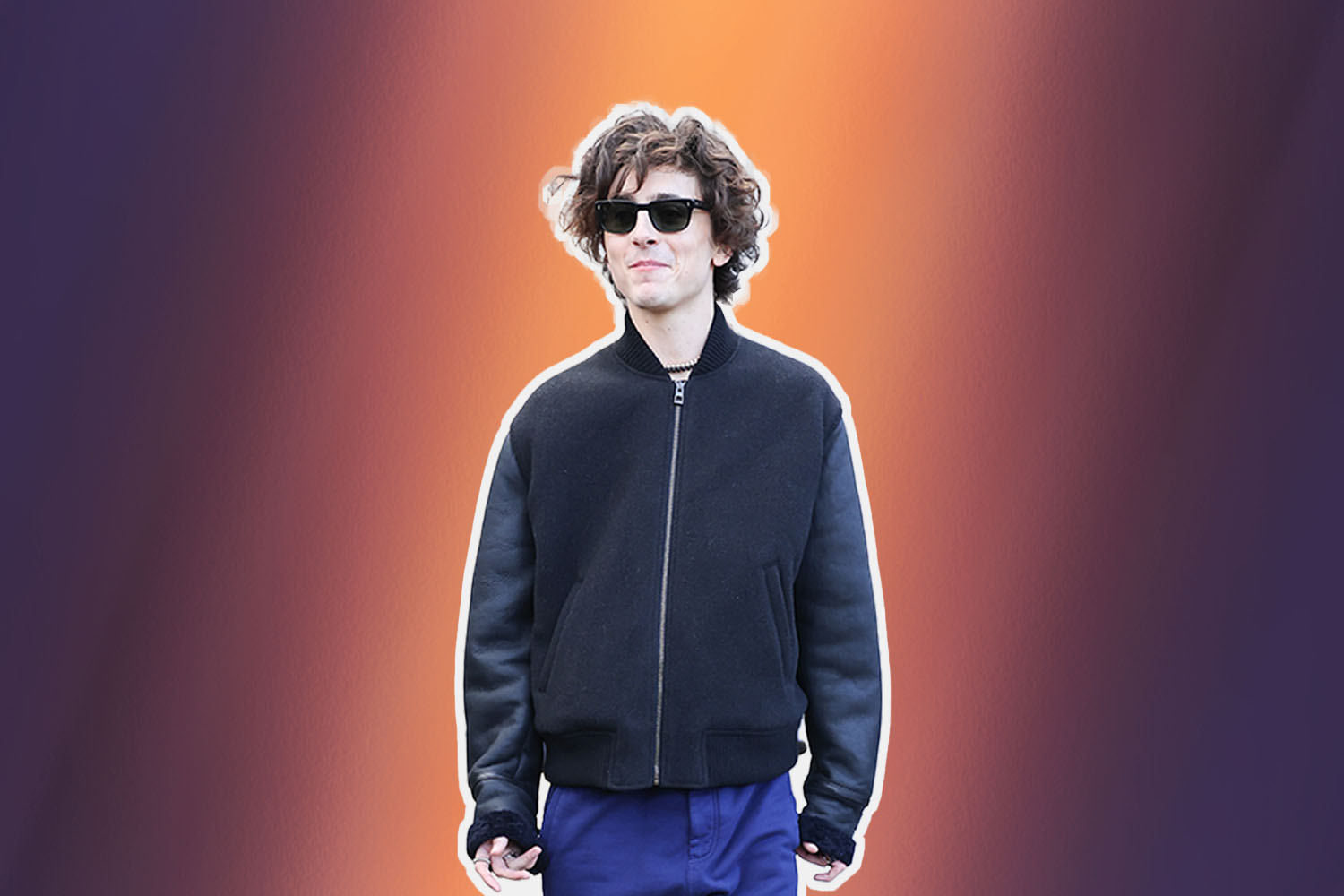 a photo of Timothee Chalamet on an orange and purple background