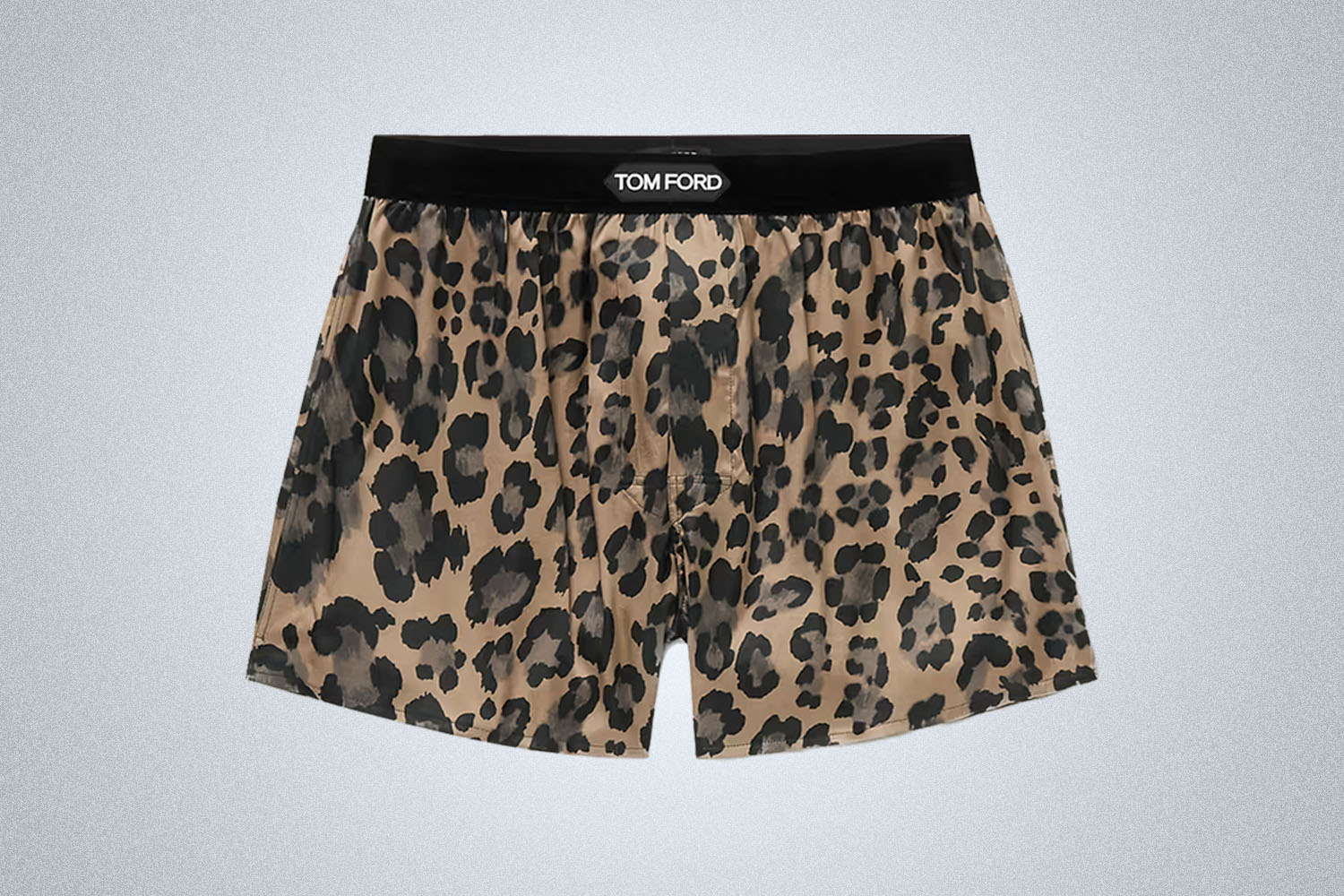 a pair of printed Tom Ford silk boxers on a grey background