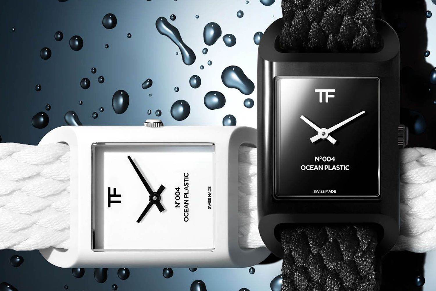 two Tom Ford watches in white and black on a splashed background 