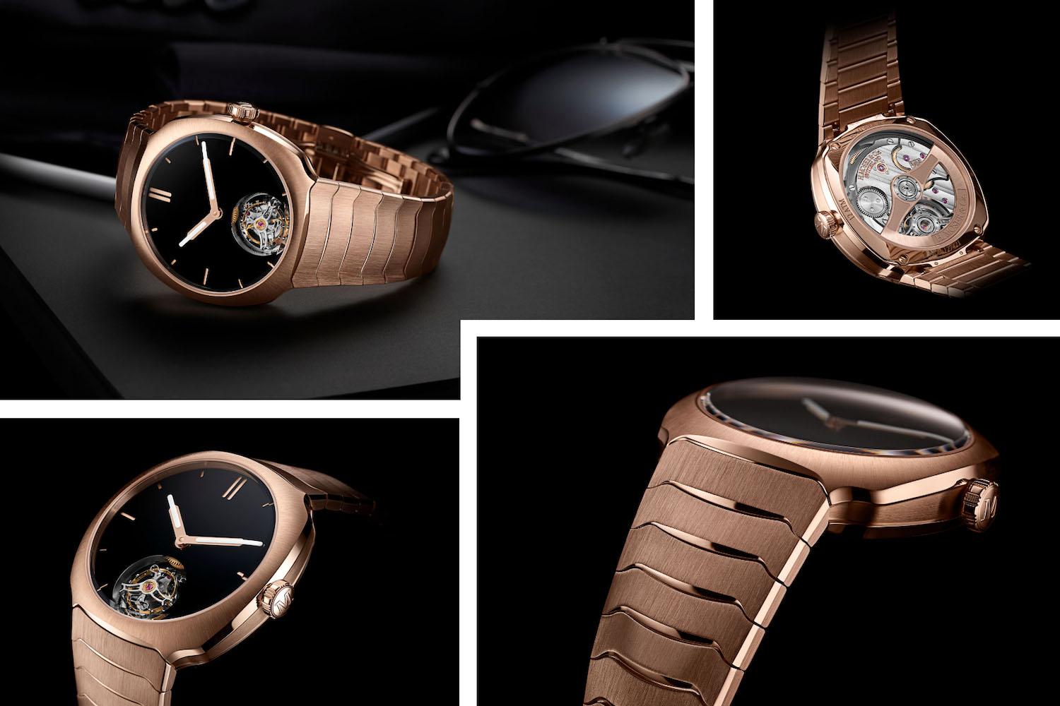 a collage of H. Moser gold and black watches