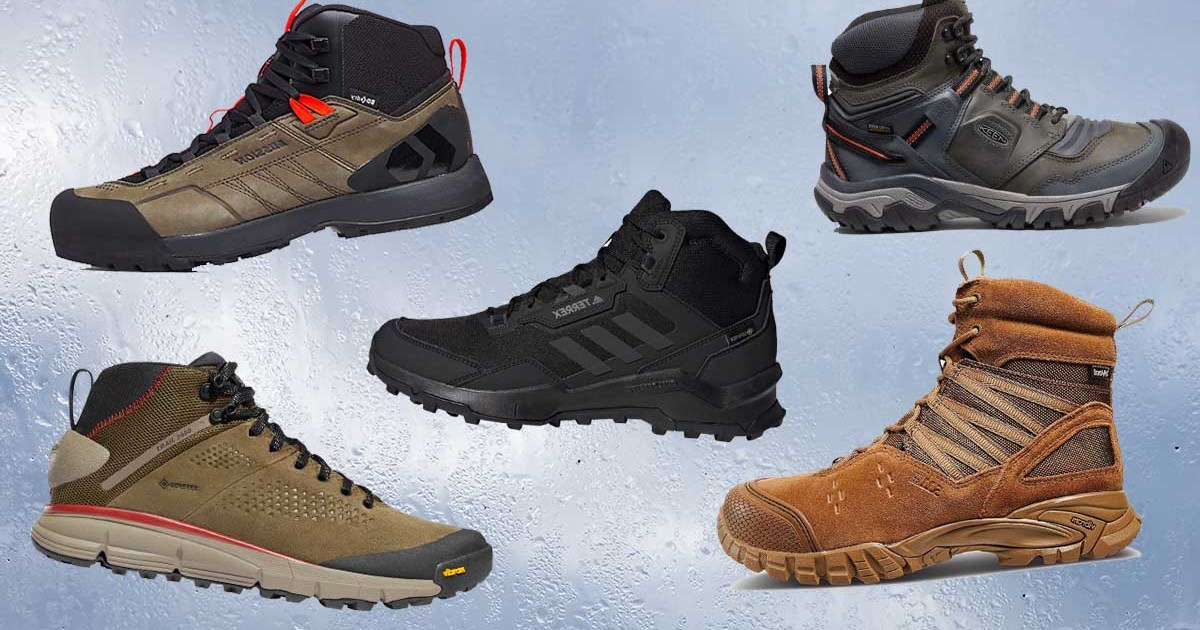 A sampling of waterproof boots on a water drop