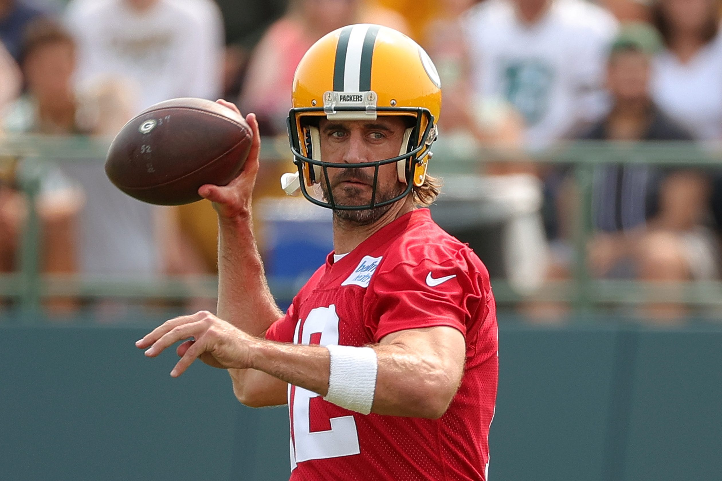 Green Bay quarterback Aaron Rodgers works out during training camp at Ray Nitschke Field.