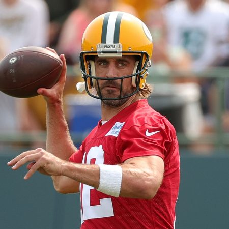 Green Bay quarterback Aaron Rodgers works out during training camp at Ray Nitschke Field.