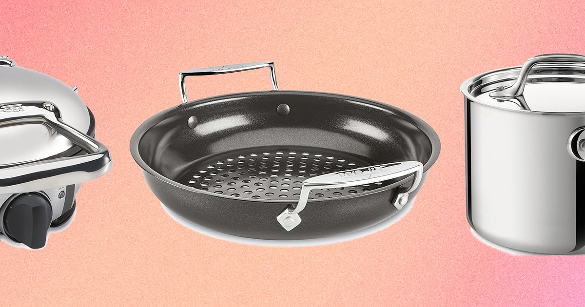 A waffle maker, outdoor grill basket and stainless steel pot from All-Clad, all on sale during the factory seconds event