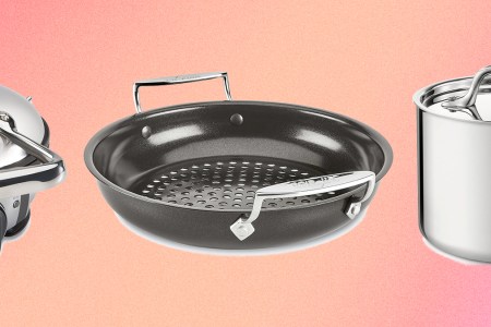 A waffle maker, outdoor grill basket and stainless steel pot from All-Clad, all on sale during the factory seconds event