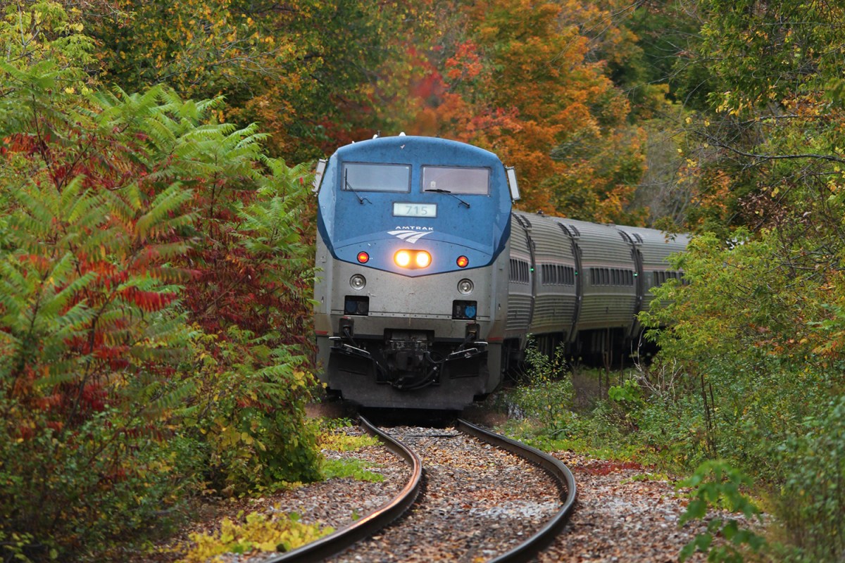 An Amtrak train on the Ethan Allen Express Line headed to Vermont from NYC in the fall. A new route goes all the way to Burlington from Penn Station.