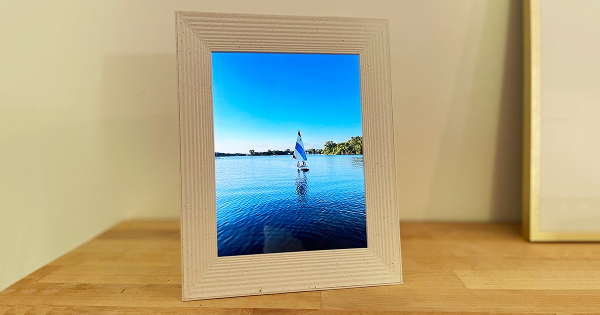 A pictures of a sailboat in a digital photo frame from Aura Frames