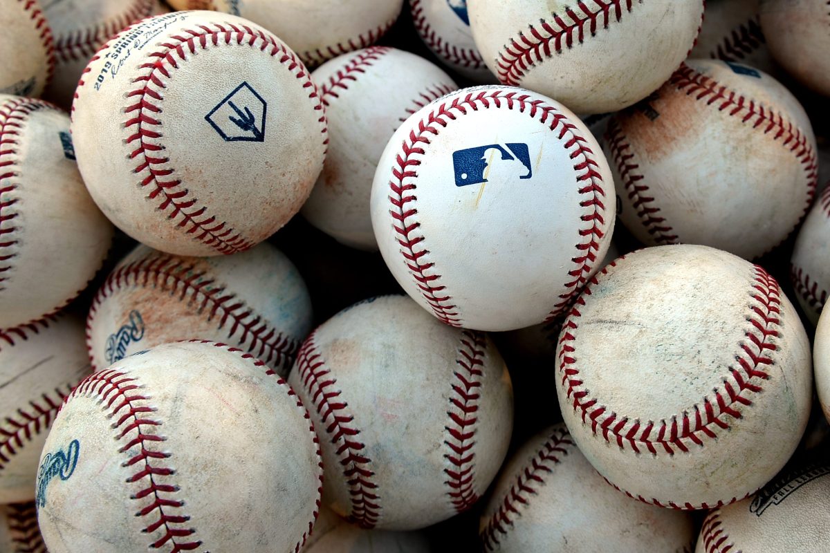 The MLB logo on batting practice balls before a game