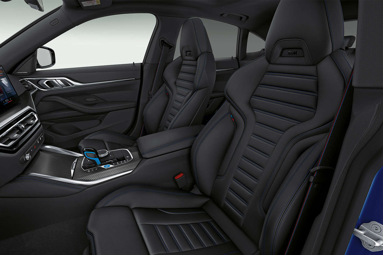 The front two seats of the 2022 BMW i4 M50 electric sedan